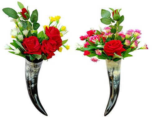 5MOONSUN5 Horn Vase, 2er-Set, 20,3 bis 25,4 cm, Antikes Horn, Schwarz / Braun, Geblümt, Trompete, Wandmontage, Vintage, Wohnzimmer