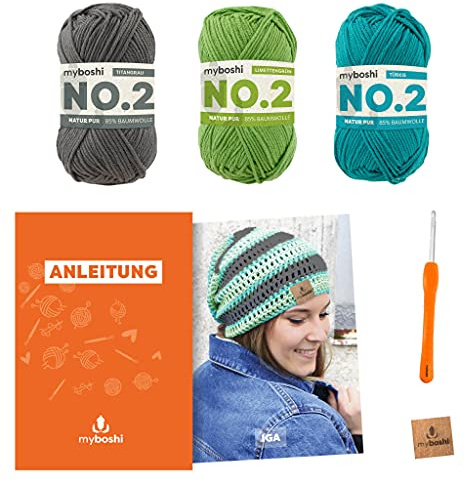 myboshi Häkelset Sommermütze Iga, inkl. No.2 Wolle, Nadel und Anleitung, Häkelpaket, 85% Baumwolle, 15% Kapok Grün, mit Häkelnadel