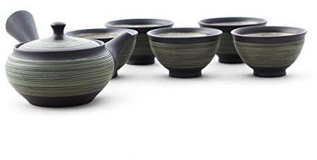 Original japanische Teekanne, Kyusu, mit 5 Becher: Nichiyobi. Integriertes Tee-Sieb aus Edelstahl. Echt japanisches Tee-Set aus natürlichem Tokoname-Ton in schöner Geschenk-Box