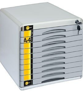 Schubladenbox A4 Metall/Holz silber/grau abschließbar mit 10 Fächern 1Stk | Abschließbare A4‑Schubladenbox aus Metall/Holz, 10 Fächer à 15 mm, mit Beschriftungsfeldern – ideal für DSGVO‑konforme Ablage