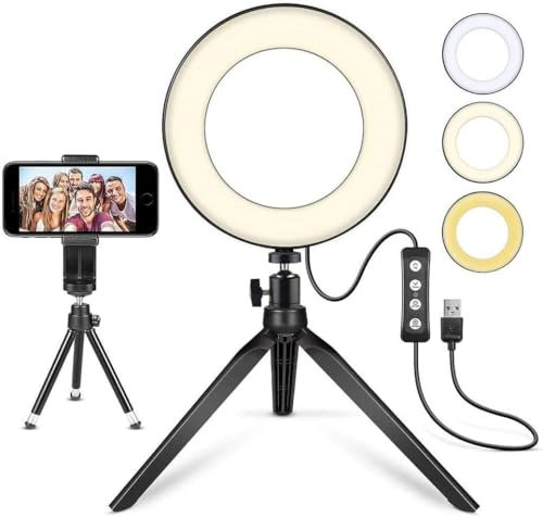LED Ring Light 6 with Tripod Stand for Desk YouTube Video and Makeup, Mini LED Camera Light with Cell Phone Holder Desktop LED Lamp with 3 Light Modes & 11 Brightness Level (6 inch)