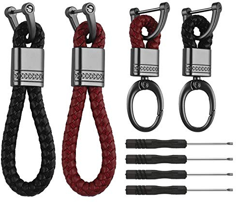 4Pcs Porte-Clés en Cuir de Voiture, Tressée Cuir Porte-clés en Métal pour Homme et Femme avec Tournevis (Rouge et Noir)