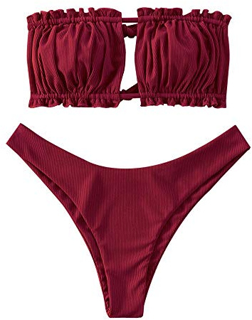 ZAFUL Damen Bikini Set, schulterfrei Bandeau mit Kordelzug & Rüschen High Cut Einfarbig Bademode (A-Weinrot,L)