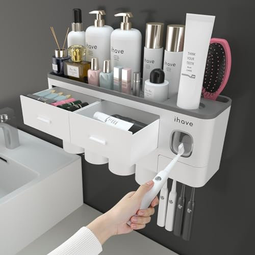 iHave Zahnbürstenhalter Wand, Badezimmer Organizer Zahnbürstenhalter mit Zahnpastaspender, 4 Becher, Schublade, großer Kapazität Zahnbürsten Organizer Badezimmer Deko in Weiß