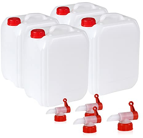 Höfer Chemie 4 x 5 L Wasserkanister Set Weiß | Ideales Camping Zubehör für Flüssigkeiten - Mit Ablasshahn & Schraubverschluss