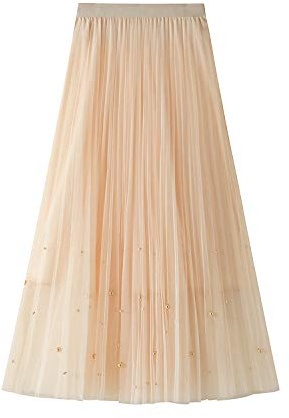 DISSA Jupe Plissée Unie Femme Beige Jupe Tulle Midi,Taille Unique,S8581