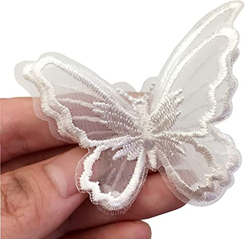 FQTANJU 15pcs Butterfly Lace Trim, Double Layers Organza Butterfly Decor Applique Patches Embroidery Sewing Lace Fabric for DIY Craft Costume Headpieces Garters Wedding Decoration (White)