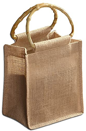 Borsa per Spesa in Juta Naturale con Manici di Bambù, Impermeabile - Per Shopping, Picnic, Regali, Viaggi, Spiaggia