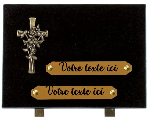 France Tombale Plaque funéraire personnalisée - Granit - assemblée en France - bronze croix fleur - H 18 X L 25 cm - 2 textes