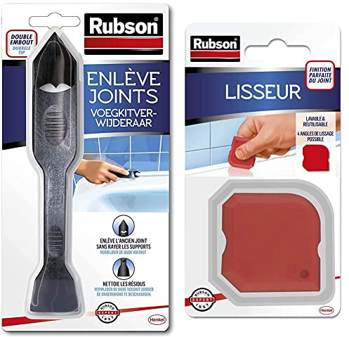 Rubson Enlève Joint à double embout, Outil pour enlever facilement les joints en silicone, Raclette de finition pour nettoyer les résidus, Ne raye pas les supports & Lisseur Accessoire Mastic, Rouge