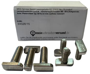 Hammerkopfschrauben M8x30 Typ 28/15 – Edelstahl A2 (V2A) – rostfrei – Vollgewinde – Solar Photovoltaik Montageschrauben – 25 Stück
