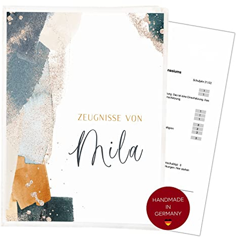 Zeugnismappe für DIN A4 Blau Orange | 𝗣𝗘𝗥𝗦𝗢𝗡𝗔𝗟𝗜𝗦𝗜𝗘𝗥𝗧 | 20 Klarsichthüllen für 𝗔𝗨𝗙𝗕𝗘𝗪𝗔𝗛𝗥𝗨𝗡𝗚 und 𝗦𝗖𝗛𝗨𝗧𝗭 von 𝗭𝗘𝗨𝗚𝗡𝗜𝗦𝗦𝗘𝗡 | Schule Mädchen Junge (Mila)