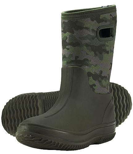 HISEA Kids Rain Boots for Boys Girls, Waterproof Insulated Rubber Neoprene Boots, Seamless Outdoor Boot with Handles Rainboots All Weather Mud Boots for Rain Water Snow and Winter, Size 1LK Olive Green