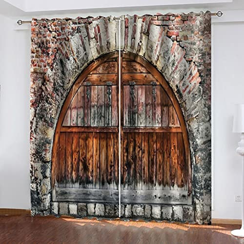Vorhang Blickdicht Gardinen Mit Ösen - 2 Stücke 182(B) X214(H) cm Verdunklungsvorhänge 3D Vintage Gewölbte Tür Muster Thermovorhang Für Kinderzimmer Schlafzimmer Weihnachtsgardinen