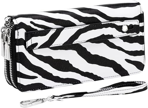 B BRENTANO Geldbörse aus veganem Leder mit doppeltem Reißverschluss und Handschlaufe, NN ZEBRA SCHWARZ, RFID-blockierende Geldbörse mit Handgriff und abnehmbarem Riemen