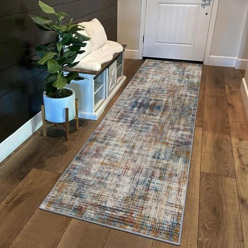 Siunwdiy Brauner bunter Flurteppich Abstrakter Läufer Teppich Flur Lang Waschbar Küchen Teppich 70x280cm Teppichläufer für Wohnzimmer Korridor Schlafzimmer Büro Flurläufer Anpassbar Meterware