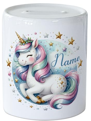 GRAZDesign Mädchen Spardose Einhorn mit Namen personalisiert - Geldgeschenk für Kinder, Sparbüchse Keramik