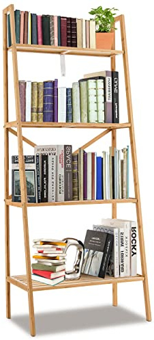 GYMAX Scaffale a Scala in Bambù, Libreria a 4 Ripiani con Dispositivo Anti-Ribaltamento, per Salotto Camera da Letto Balcone Cucina, 60 x 35,5 x 148 cm