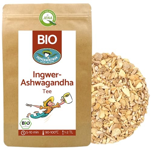BIO Ingwer-Ashwagandha-Tee 500g - Heiß & Kalt für Jung & Alt - hocharomatischer Ingwer Ashwagandha Tee - laborgeprüft - PEPPERMINTMAN