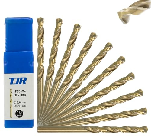 TJR® HSS-E M35 Ø 6mm Kobalt Spiralbohrer Set 10 Stück, Selbstzentrierend, Schnellarbeitsstahl, DIN 338 Typ N, 135° Splitterschneide, Metallbohren für Stahl, Edelstahl und Gusseisen