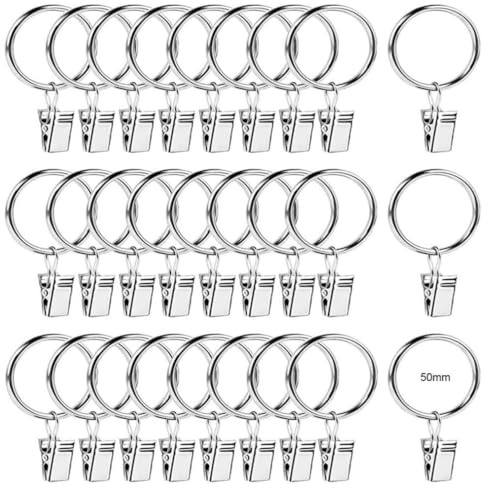 KOMUNJ 30 Stück Gardinenringe Vorhangringe, 50mm Vorhang Clips Gardinenringe mit Clips,für Vorhangstange Gardinenstangen Duschevorhang Vorhänge