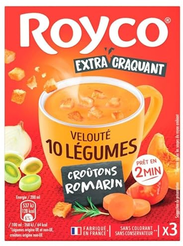 Soupe Velouté 10 Légumes avec Croûtons au Romarin - 3 Sachets - Marque ROYCO | Savoureux mélange végétal à déguster | Prêt en quelques minutes | - Le Lot De 4