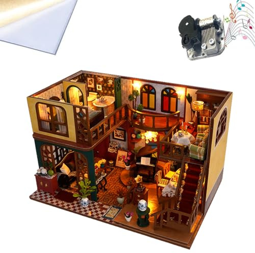 TOPBSFARNY Kit de casa de muñecas en miniatura, casa de muñecas de madera con muebles y luz LED, rompecabezas vintage de construcción de modelo de loft para manualidades decorativas del hogar