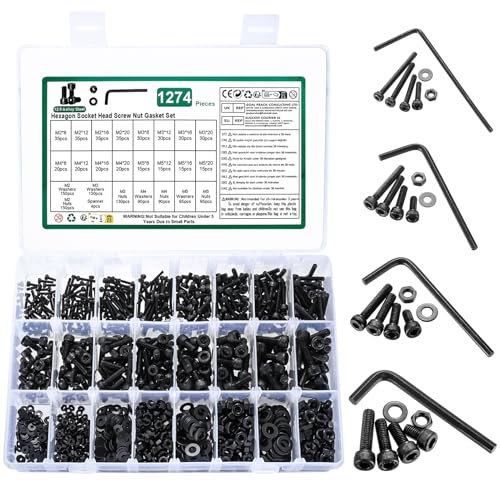 1270 Pcs Vis et écrous, M2 M3 M4 M5 Vis Boulons et écrous, Visserie Vis et Boulon et Rondelles Set, Vis à Tête Hexagonale, Assortiment Kit di Boulons Vis à Six Pans Creux pour Réparation, Noirs