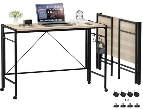 Wohenster Laptoptisch Faltbarer Schreibtisch mit 2 Haken Klapptisch Holz mit Rollen, 360°Drehbar PC Klapptische, Zusätzliche Ersatzfüße, Platzsparend, Computertisch für Sofa Bett, 50x110x75cm, Beige