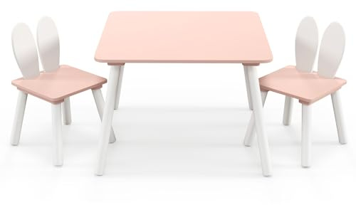 COSTWAY Tavolo Bambini con 2 Sedie con Schienale a Forma di Coniglio, Rosa