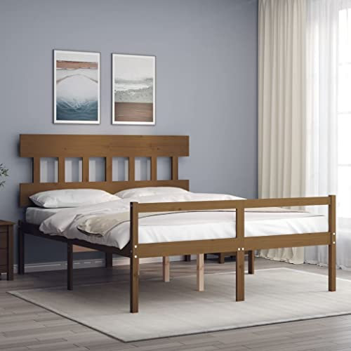 OHOOWOO Seniorenbett mit Kopfteil Honigbraun Kingsize Massivholz,MassivholzSeniorenbett mit geräumigem Stauraum und bequemer Liegehöhe