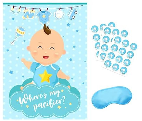 Babyparty-Spiel Wo ist mein Schnuller? mit Poster und Aufklebern (Blau)