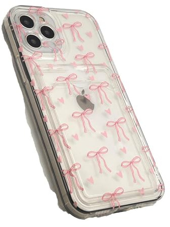 OLIVIA'S PHONES Cases For iPhone 16 (6.1) Clear Baby Pink Bows Love Hearts Pattern Gel Tough Card Holder Protective Smartphone Case Cover