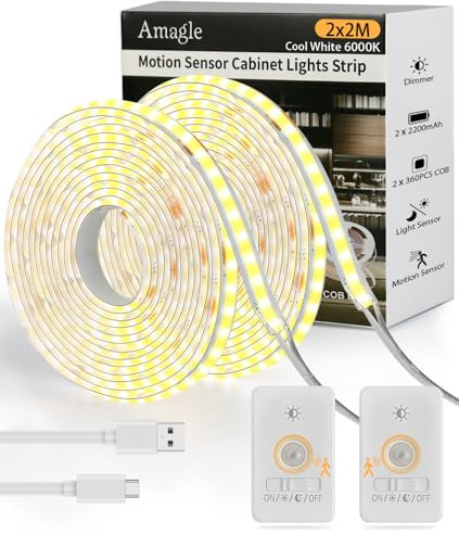 Amagle 2 Pièces COB Ruban Bande LED USB Blanche 2M Chambre Lumiere 2200mAh Pile Interieur Nuit Veilleuse Détecteur de Mouvement Rechargeable Bandeau LED Strip Lights TV Escalier Placard Lampe Sans Fil