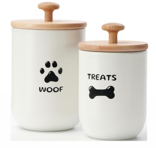 OTTENON Dog Treat Container Set of 2, Dog treat jar with Airtight Lid, Small dog food container, Dog Cookie Jar for kitchen Counter, Treats Canister, Pet Treat Container 8.3x4.9 & 7.1x4.3 (White)
