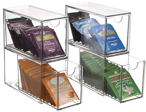 OGANAZI 4 bolsas de té transparentes organizadoras de acrílico con cajones, cajas apilables para cápsulas de café, azúcar, artículos de papelería, cosméticos, joyas en la cocina, salón, oficina