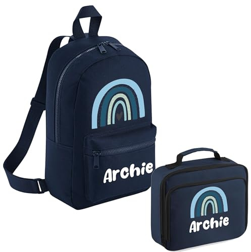 Kids Personalised Backpack Lunch Bag Set Boys School Nursery Sandwich Box Rucksack Set (Navy Blue Lunch Bag & Backpack)