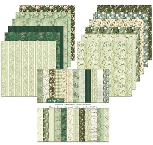 24 fogli di carta per scrapbook, carta a doppio lato da 30,5 cm con motivo floreale, 24 design, forniture per scrapbooking per foto fai da te, album e decorazione per scrapbook (verde, 30,5 x 30,5 cm)