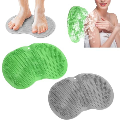VOSSOT Tapis de Douche Antidérapant 2 Pièces Gris & Vert – Brosse en Silicone pour Pieds et Dos – Tapis de Massage Pieds & Nettoyage – Tapis Pieds Antiglisse en Silicone pour Salle de Bain et Douche