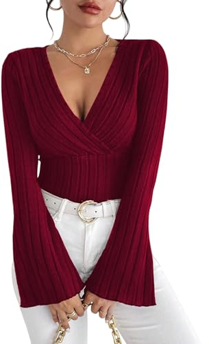 Sukiglam Women's Jumpers Sexy V Neck Long Sleeve T-Shirt Elegant Bell Sleeve Wrap Top Slim Fit Ribbed Sweater Y2k Casual Going Out Top Tight Party Blouse Ladies Fall Tops for Leggings Burgundy