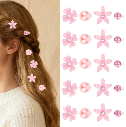 20 Pinzas Pequeñas de Flores para el Pelo, Mini Clips de Metal con Perlas y Strass, Accesorios para Novias y Mujeres (Rosa)