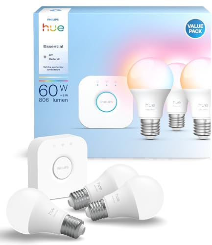 Philips Hue Smart Lighting Starter Kit mit 3 Lampen und Bridge, Weiß- und Farbatmosphäre, E27-Lampen, 806 Lumen, 60 W, inklusive Bridge, App-Steuerung, kompatibel mit Alexa und Google Assistant