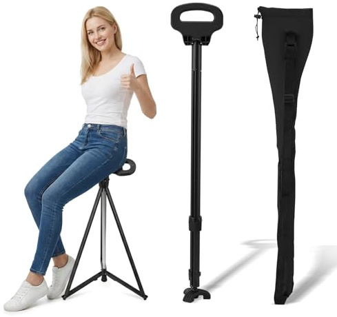 Canne de marche portable avec siège, canne de marche réglable avec siège, chaise pliable, canne de randonnée, capacité de charge maximale 150 kg, hauteur réglable, 2 patins antidérapants, 3 pieds pour