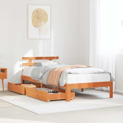 Ziaphsol Massivholzbett mit Schubladen, Wachsbraun 75x190 cm Kiefer, Robustes Bettgestell, Stauraum für Schlafzimmer, langlebiges Plattformbett