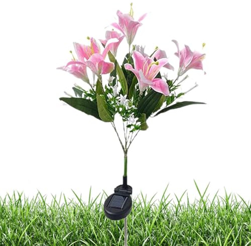 Luci solari fiori esterni - 7 teste gigli artificiali | Luci solari a LED da giardino impermeabili, picchetti di fiori con paletto da terra per giardino, terrazza, balcone, sentieri, parchi e