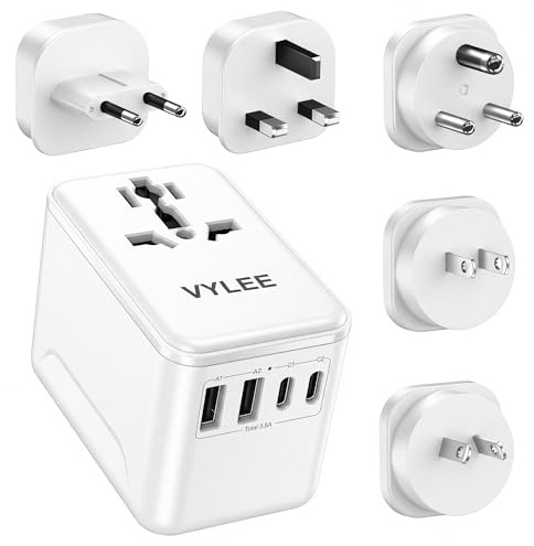 VYLEE Reiseadapter Weltweit, Typ G/D/A/I/C, Universal Reisestecker mit 2 USB A + 2 USB C,Internationaler Steckdosenadapter,Universaladapter für USA England Japan Malediven Sri Lanka Australien,Weiß