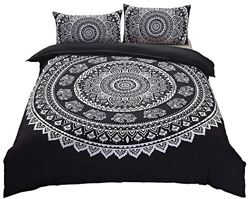 DasyFly 3 Piece Bohemian Duvet Cover Sets Queen Size Mandala Elephant Boho Chic Bedding Duvet Cover Sets for Aducts Boys Girls Black White
