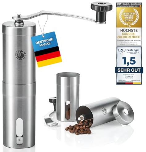 Coffee Fox® Kaffeemühle aus Edelstahl und Keramik Mahlwerk - Manuelle Handkaffeemühle für Zuhause, Reisen, Büro