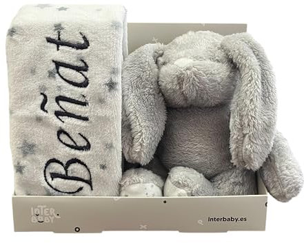 Danielstore - Set Peluche y Manta Bebé Personalizada | Bordado con Nombre | Manta 80x100 cm | Recién Nacido y Baby Shower | Caja, Manta + Muñeco, Poliéster