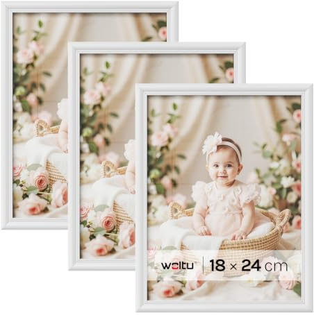 WOLTU Bilderrahmen 18x24, 3er set, Massivholz Fotorahmen mit Passepartout | Weiß, Front aus PS-Platte, Posterrahmen zum vertikalen oder horizontalen Aufhängen und Aufstellen, Collage Wanddeko